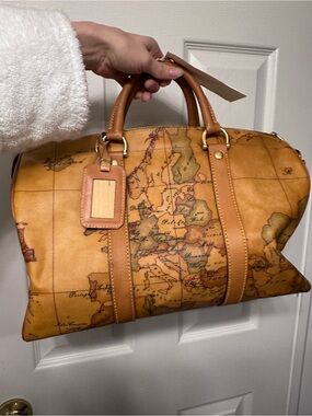 Alviero Martini Vintage Map-Print Tan Leather Travel bag Holdall